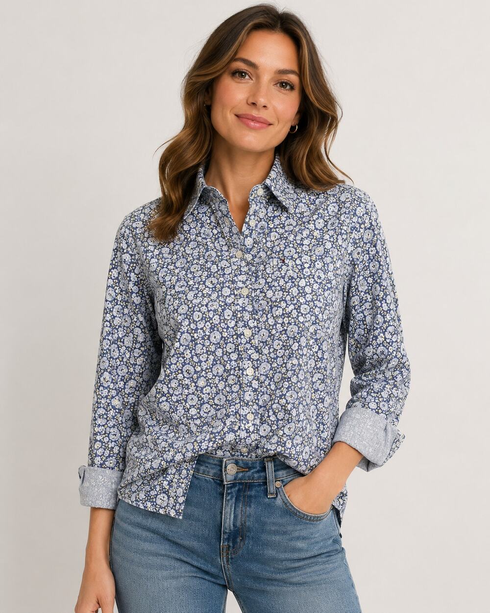 Tommy Hilfiger Classic Floral Button Front Shirt Women's 14 Blue 100% Cotton